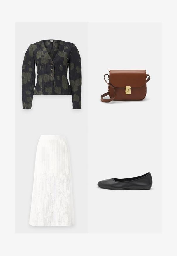 Baum und Pferdgarten MILLEA - Bluza z gumbi - forest night; Trikotažna bela midi krila z teksturiranim vzorcem s pokončnimi črtami in izrezi blizu roba. Elastičen pas. Mehka tkanina.; Črne usnjene balerinke z zaobljenim nosom, gladko teksturo, minimalnimi šivi in fleksibilno zasnovo podplata.; Rjava usnjena torbica s poklopcem, zlato obarvani okovi, naramnica in gladka tekstura. Kompaktna pravokotna oblika.