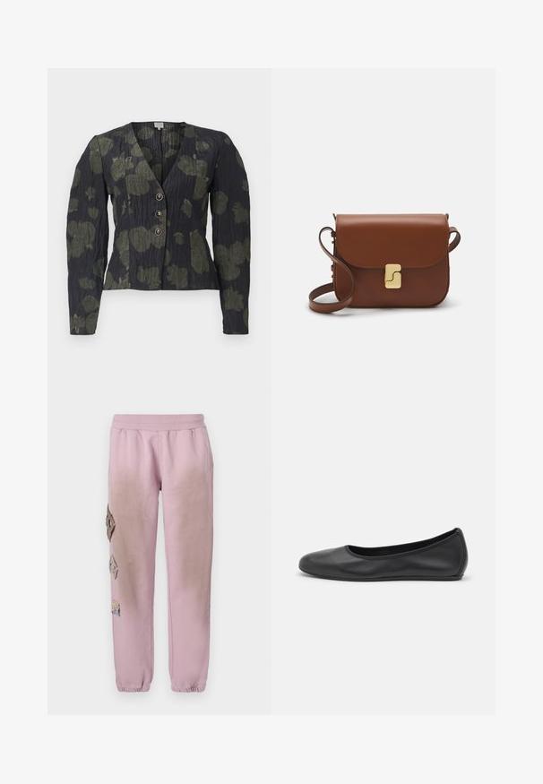 Baum und Pferdgarten MILLEA - Button-down blouse - forest night; White short-sleeve t-shirt made of ribbed fabric. Round neckline, regular fit, and subtle stitching details. No patterns or graphics.; Pink sweatpants with an elastic waistband, featuring decorative patches in diamond shapes on the left side and elastic cuffs at the ankles.; Black leather ballet flat with a rounded toe, smooth texture, minimal stitching detail, and a flexible sole design.; Brown leather handbag with a flap closure, gold-tone hardware, a shoulder strap, and a smooth texture. Compact rectangular shape.