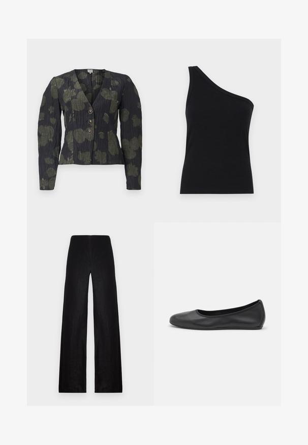 Baum und Pferdgarten MILLEA - Skjortebluse - forest night; En-skulder svart ribbet tanktop med en tettsittende design og myk tekstur. Har en ren, minimal kutt og jevn halslinje.; Svarte vide bukser laget av lett stoff. Har høy midje, glatt tekstur og rene linjer uten lommer eller dekorasjoner.; Svart skinnballettflatt med rund tå, glatt tekstur, minimal sømdetalj, og et fleksibelt såledesign.