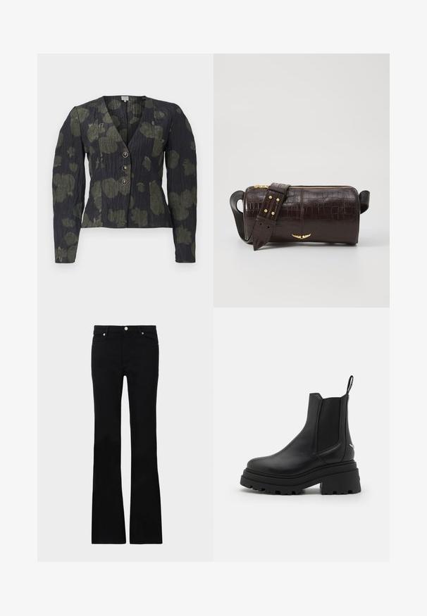 Baum und Pferdgarten MILLEA - Blusa - forest night; Pantalones vaqueros de talle ancho en negro, confeccionados en denim, con dos bolsillos frontales, cierre de botón y una textura suave. Costuras distintivas visibles en las costuras.; Botas Chelsea negras de cuero liso con paneles laterales elásticos, suela de goma gruesa y estriada, y una lengüeta en la parte trasera.; Bolso de cuero marrón con estampado de cocodrilo, de forma cilíndrica, con herrajes en tono dorado y una correa desmontable con tachuelas.