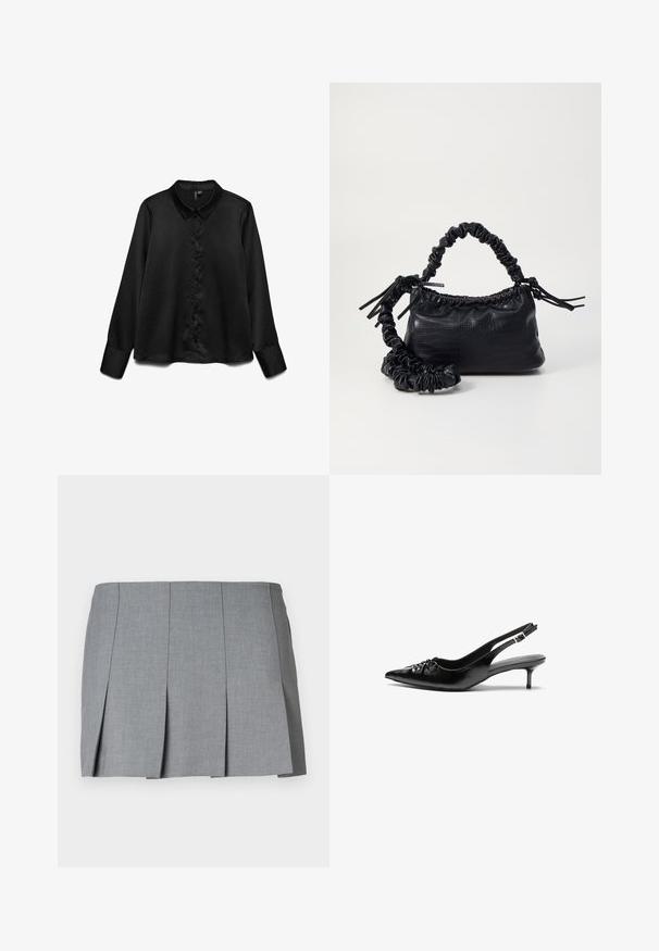 Black long-sleeve shirt made of smooth fabric, featuring a button-up front, classic collar, and subtle sheen. Tailored fit with cuffed sleeves.; Gray pleated skirt featuring a smooth texture, structured design, and a fitted waist. Made from a lightweight fabric with subtle pattern.; Black leather slingback heels with a pointed toe, low kitten heel, and gathered detail on the vamp. Smooth texture and minimalist design.; Black faux leather handbag with a crocodile texture, cinched top, and a scrunched strap. Appears soft and compact in design.