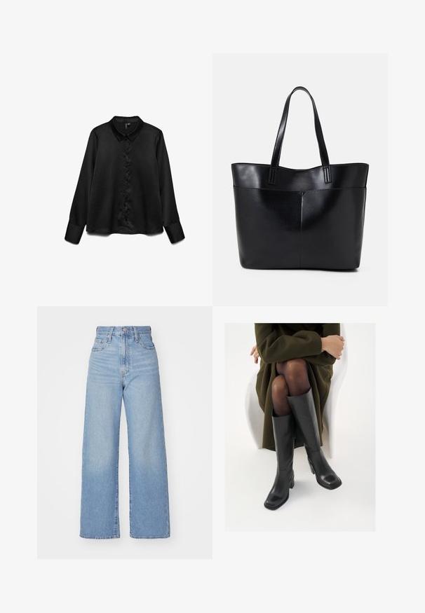 Juodas ilgos rankovės marškiniai, pagaminti iš lygios medžiagos, su sagų užsegimu priekyje, klasikinėmis apykaklėmis ir subtiliu blizgesiu. Prigludęs kirpimas su rankovėmis, kurios turi užlenkimus.; Šviesiai mėlynos aukšto liemens plačios kojos džinsai su priekiniais užtrauktukais ir sagom, priekinėmis ir galinėmis kišenėmis, ant baltos fono.; Juodos odinės pradžios ilgio bateliai su kvadratu formos nosimi ir bloko kulnu, demonstruojami su modeliu, sėdinčiu alyvuogių žalios spalvos švarku. Lygi tekstūra, minimalus puošimas.; Juoda odinė rankinė su dviem ilgais diržais, lygiu paviršiumi ir struktūrizuota forma. Yra priekinė kišenė papildomam saugojimui.