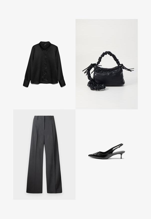 Svart langermet skjorte laget av glatt stoff, med knappelukking foran, klassisk krage og subtil glans. Skreddersydd passform med mansjetter.; Vide bukser i mørkegrått stoff med høy livlinje, enkel press, og en glatt tekstur med en ren finish på ermekantene.; Sorte skinnert remsandaler med spiss tå, liten kittenhæl og en dekorativ knute detalj foran. Glatt tekstur gjennom hele.; Svart faux skinn-håndveske med krokodilletekstur, strammet topp og en rynket stropp. Ser myk og kompakt ut i designen.