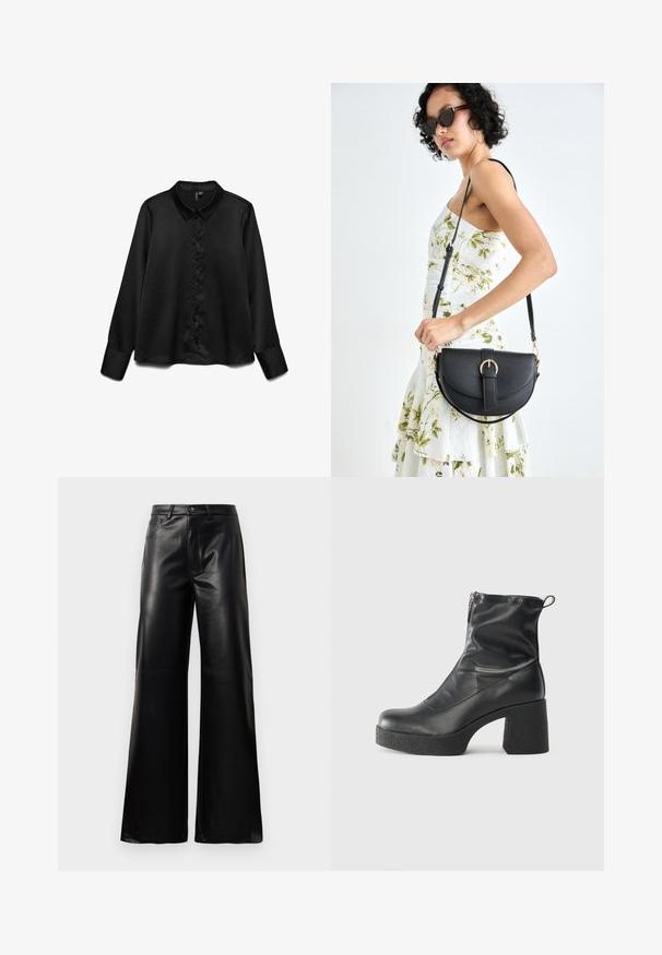 Camisa preta de manga longa feita de um tecido suave, com fecho de botão à frente, colarinho clássico e um brilho sutil. Ajuste entalhado com mangas com punho.; Calças largas de imitação de couro pretas, de cintura alta, com botão frontal, fecho de correr, passadores de cinto e bolsos laterais sobre fundo branco.; Botas de tornozelo pretas feitas de couro liso, com fecho lateral, salto grosso texturizado e design de bico arredondado.; Bolsa de couro preta com forma curva, alça destacável e detalhes em dourado. A bolsa possui uma aba com detalhe de fivela.