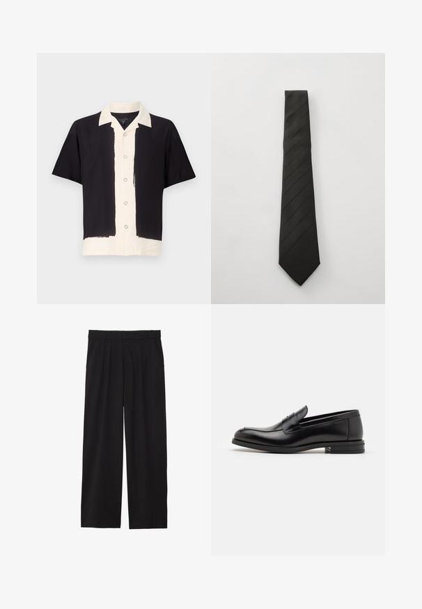 Cămașă cu mânecă scurtă, neagră și crem. Are o parte stângă neagră, o parte dreaptă crem, cu închidere cu butoni și guler în contrast. Material moale.; Pantaloni negri largi, cu un front plisat, buzunare laterale și o textură de țesătură netedă. Concepuți pentru o croială relaxată.; Mocasini din piele neagră cu o textură netedă, vârf rotund și o curea decorativă peste partea superioară. Toc mic, design minimalist.; Papion negru din material texturat, cu dungi diagonale, vârf conic și o finisare netedă. Potrivit pentru ocazii formale.; Vivienne Westwood CITY BUMBAG UNISEX - Borsetă - black