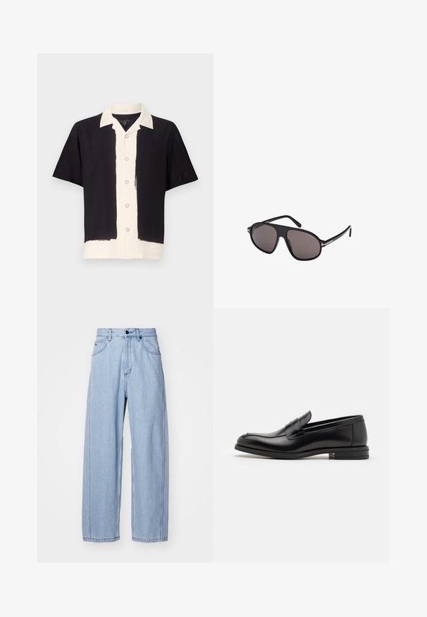 Camicia a maniche corte nera e crema. Presenta un lato sinistro nero, un lato destro crema con chiusura a bottoni e colletto a contrasto. Tessuto morbido.; Jeans in denim azzurro chiaro con un design a gamba ampia, caratterizzati da tasche anteriori, chiusura con bottone e cuciture dettagliate lungo le cuciture.; Mocassini neri in pelle con una texture liscia, punta arrotondata e una striscia decorativa sulla tomaia. Tacco basso impilato, design minimalista.; Occhiali da sole neri con lenti scure, forma aviator elegante e dettagli metallici. Le montature presentano una finitura opaca e un branding sottile.