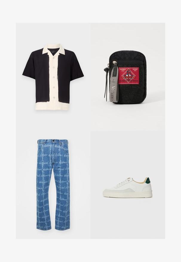 Koszula krótki rękaw w kolorze czarnym i kremowym. Posiada czarną lewą stronę, kremową prawą stronę z guzikiem z przodu oraz kontrastującym kołnierzykiem. Miękka tkanina.; Niebieskie dżinsy o prostym kroju nogawki, z powtarzającym się białym wzorem tekstu "Vivienne Westwood". Klasyczny design z pięcioma kieszeniami.; Białe trampki z zamszowymi akcentami, zaokrąglony czubek, płaskie sznurowadła i kremowa gumowa podeszwa. Posiadają zielone logo na pięcie.; Czarna saszetka z teksturowanej tkaniny, z czerwoną łatką z logo, zamknięciem na zamek oraz szarym paskiem z wytłoczonym nazwiskiem marki.