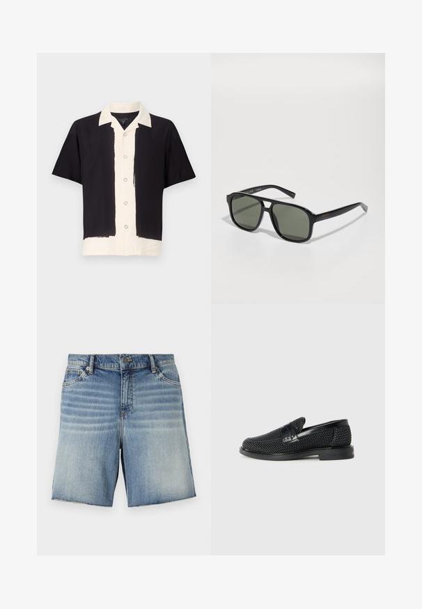 Košile s krátkým rukávem v černé a krémové barvě. Má černou levou stranu, krémovou pravou stranu, knoflíkový zapínání a kontrastní límec. Měkká tkanina.; Džínové kraťasy ve světle modré barvě s vybledlým designem, pět kapsového stylu a zakončením s neopracovaným lemem. Obsahují kovový knoflík a zip.; Černé pletené nazouvací boty s hladkým koženým akcentem na svršku, kulatou špičkou a nízkoprofilovou gumovou podrážkou.; Černé obdélníkové sluneční brýle se zelenými skly, lesklým rámem, kovovými detaily a zlatým logem na spánku.
