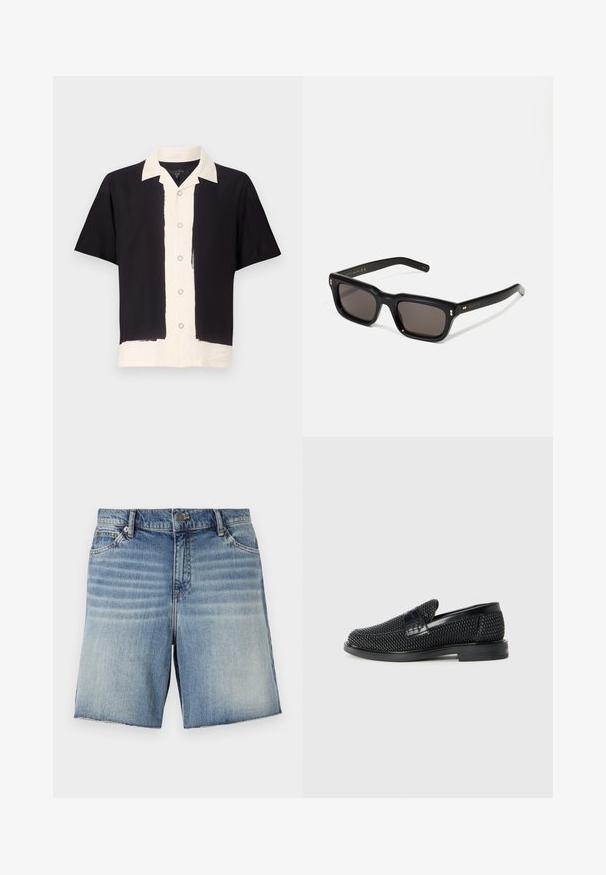 Camicia a maniche corte nera e crema. Presenta un lato sinistro nero, un lato destro crema con chiusura a bottoni e colletto a contrasto. Tessuto morbido.; Shorts in denim di un blu chiaro con un design sbiadito, stile a cinque tasche e orlo grezzo. Presentano un bottone metallico e zip.; Scarpa nera a mocassino intrecciata con un accentuato in pelle liscia sulla parte superiore, design a punta rotonda e suola in gomma a profilo basso.; Occhiali da sole neri rettangolari con lenti scure, montatura spessa in plastica, dettagli dorati sulle tempie e logo del marchio inciso sull'asta.