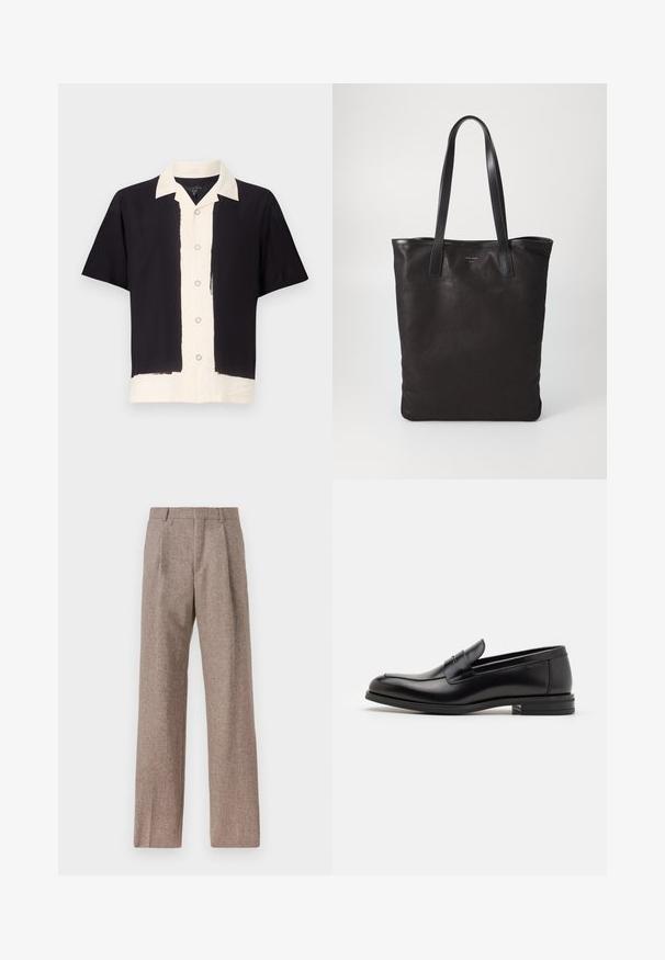 Short-sleeve shirt in black and cream. Features a black left side, cream right side with a button front and contrasting collar. Soft fabric.; Brown, high-waisted trousers made of textured fabric. Features wide legs and two front pleats for structure. Neat finish with no visible hardware.; Black leather loafers with a smooth texture, rounded toe, and a decorative strap across the vamp. Low stacked heel, minimalist design.; Black canvas tote bag with black leather handles. Simple design, spacious body, and a smooth texture. No visible logos or patterns.