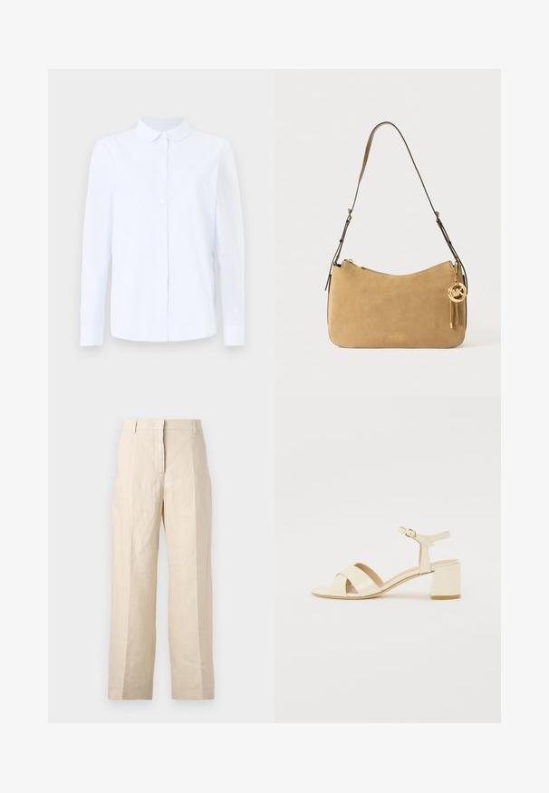 Šviesiai mėlynas, ilgas rankoves marškiniai, pagaminti iš tekstūruoto medvilnės mišinio, su smailiu apykakle, sagų užsegimu ir krūtinės kišene.; Bežinės lininės kelnės su laisvu kirpimu, preguldyta priekyje ir tiesiomis kojomis. Savybės: juosmuo su diržo kilpomis ir be matomų kišenių.; Bežinės patentinės odos aukštakulnės šlepetės su kryžminiu dirželiu, atvira nosimi, reguliuojamu kulkšnies dirželiu ir blokuotu kulnu. Lygi tekstūra.; Smėlio spalvos zomšinė petinė rankinė su kreivomis formomis, auksinio tono detalėmis ir užtrauktuku. Pridedamas žavesys su inicialais "MK."