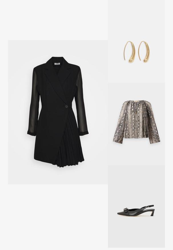 Langermet bluse i slangeskrift med rynket halslinning og myk tekstur. Fargepaletten inkluderer nyanser av beige og svart.; Svart skreddersydd kjole med blazerstil topp, gjennomsiktige lange ermer, enkel knappelukking og plisserte detaljer på skjørtet.; Svarte skinn slingback-sko med spiss tå, liten hæl og dekorativ spenne-detalj på overdelen. Glatt tekstur, minimalistisk design.; Svart skinn crossbody veske med to frontlommer, gyldne spenner, glidelåslukking og en slank stropp. Teksturert overflate og kompakt rektangulær form.; Gullfargede metalløredobber med en buet, forlenget form. Har en jevn, blank overflate og en avrundet tupp for ekstra detaljer.