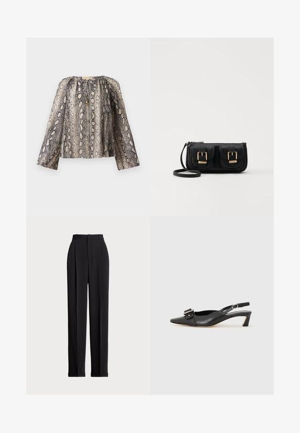 Langärmlige Bluse im Schlangenmuster mit gerafftem Halsauschnitt und weichem Material. Die Farbpalette umfasst Beige- und Schwarztöne.; Schwarze, taillierte Hose mit hoher Taille, mit Falten vorne, geradem Bein-Design und umgeschlagenem Saum. Aus glattem Stoff gefertigt.; Schwarzer Leder Slingback-Schuh mit spitzer Zehenform, kleinem Absatz und dekorativem Schnallen-Detail auf dem Obermaterial. Glatte Textur, minimalistisches Design.; Schwarze Leder-Umhängetasche mit zwei vorderen Taschen, goldenen Schnallen, Reißverschluss und einem schmalen Tragegurt. Texturierte Oberfläche und kompakte rechteckige Form.