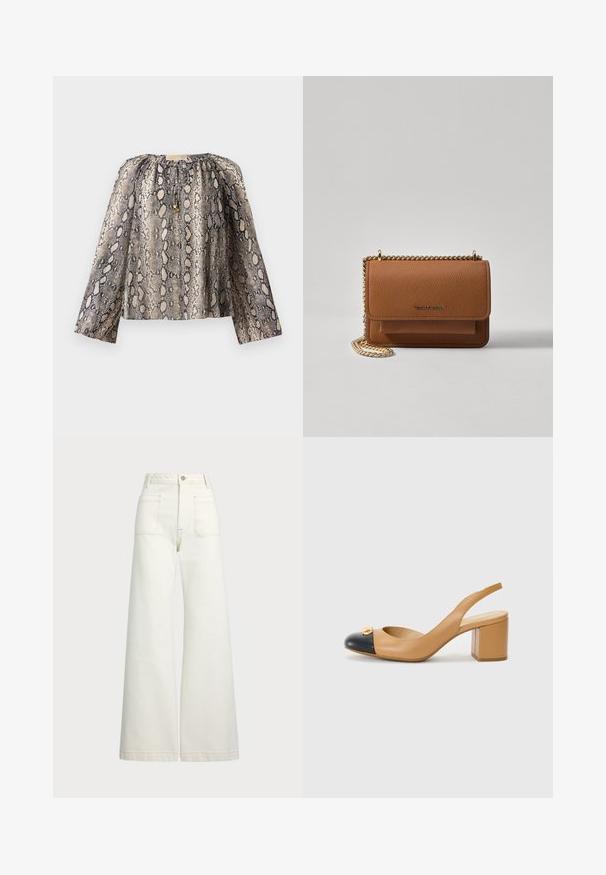 Blusa a maniche lunghe con stampa serpente, caratterizzata da un colletto arricciato e una texture morbida. La palette colori include tonalità di beige e nero.; Jeans a gamba larga in denim bianco sporco. Design a vita alta con chiusura a bottone, due tasche frontali e dettagli di cucitura a contrasto.; Scarpa slingback in pelle beige con punta rotonda nera, tacco quadrato e un accento decorativo dorato sul davanti. Texture liscia in tutto il resto.; Borsa a tracolla in pelle marrone con texture, dotata di catena dorata e chiusura a pattina. Sul davanti presenta un dettaglio con logo e una tasca sotto la pattina.