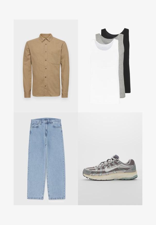 Only & Sons ONSGUDMUND SOLID - Marškiniai - chinchilla; Trys marškiniai be rankovių baltos, pilkos ir juodos spalvų. Kiekvienas iš jų turi klasikinį dizainą, pagamintas iš lengvos medvilnės audinio su raštuotu paviršiumi.; Šviesiai mėlyni džinsai su tiesiomis kojomis, turintys vidutinio aukščio juosmenį, penkias kišenes ir mygtuko bei užtrauktuko uždarymą.; Pilkas sportinis batas su tinklu ir zomšos viršutine dalimi, baltomis detalėmis, paminkštintu padu ir išskirtiniu dizainu su atspindinčiais elementais.