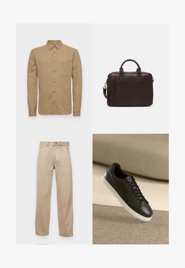 Only & Sons ONSGUDMUND SOLID - Cămașă - chinchilla; Jeans din denim bej cu un design drept, care prezintă buzunare frontale, închidere cu buton metalic și o textură subtilă.; Sneaker din piele neagră cu talpă din cauciuc alb și șireturi negre, plasat pe o suprafață și un fundal din material bej.; Geantă pentru laptop din piele maro cu o suprafață texturată, mânere superioare duale, curea ajustabilă și două catarame frontale pentru un detaliu suplimentar.