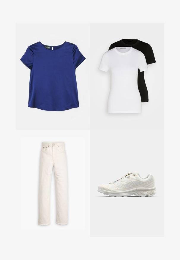 Emporio Armani Camicetta - indigo; Due magliette a maniche corte in bianco e nero. Realizzate in cotone morbido, presentano un classico scollo rotondo e una vestibilità regolare.; Jeans in denim bianco con design a gamba dritta, stile a cinque tasche e dettagli in metallo rame. Orlo grezzo alla caviglia.; Scarpa da corsa bianca con tomaia in mesh traspirante, dettagli texturizzati e suola imbottita. Dispone di un sistema di lacci rapidi per una vestibilità facile.