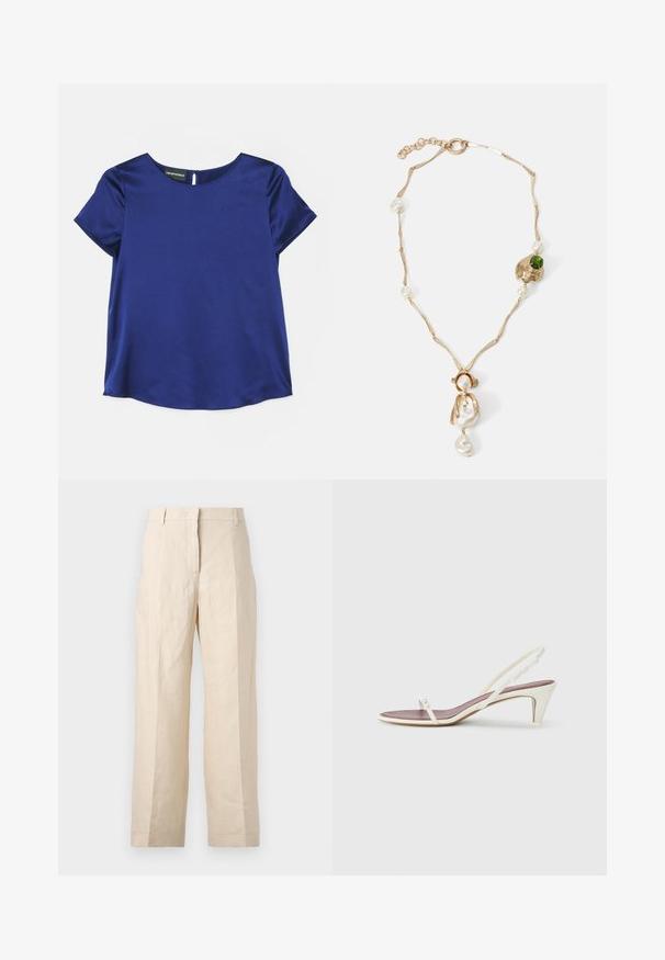 Emporio Armani Blūze - indigo; Bežīgas lina bikses ar brīvu piegriezumu, krokām priekšā un taisnām kājām. Piedāvā jostu ar cilpiņām un bez redzamām kabatām.; Baltas siksnas sandales ar nelielu papēdi, plānām siksniņām un gludu ādas tekstūru; ar nelielu dekoratīvu sprādzi.; Zelta tonis kaklarota ar savirpinātām saistēm, baltām pērlem un zaļa akmens akcentu. Izceļas ar sarežģītām detaļām un aizdari, lai nostiprinātu.