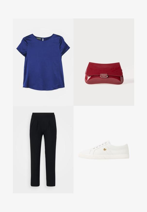 Emporio Armani Bluse - indigo; Schwarze, weit geschnittene Hosen aus glattem Stoff. Mit elastischem Bund und zwei Vorderfalten. Keine sichtbaren Muster oder Beschläge.; Lauren Ralph Lauren JANSON II CANVAS SNEAKER - Sneaker low - optic white; Rote Clutch aus Lackleder mit geschwungenem Design, umklappbarem Deckel und einem Metallschriftzug auf einer silberfarbenen Plakette. Glatte, glänzende Oberfläche.
