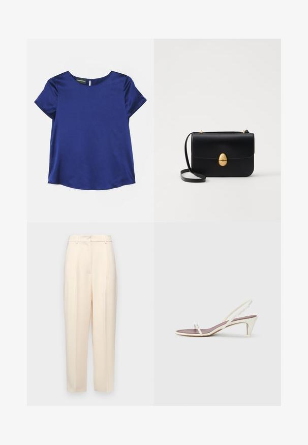 Emporio Armani Blúz - indigo; Beige, egyenes szabású testre szabott nadrág, elöl plisszírozással, sima textúrával és közepes derékkal. Nincsenek látható zsebek.; Fehér, pántos szandál enyhe sarokkal, vékony pántokkal és sima bőr textúrával; kis díszítő csattal rendelkezik.; Fekete bőr kézitáska, struktúrált, téglalap alakú formával. Arany ovális kapoccsal és vékony vállpánttal rendelkezik. Sima textúrájú.