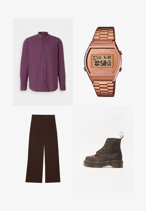 Košeľa s dlhým rukávom a gombíkovým zapínaním v hlbokej purpurovej farbe. Disponuje klasickým golierom, čiernymi gombíkmi a jemným vyšitým logom na hrudi.; YOURTURN UNISEX 3 PACK BASIC OVERSIZED T-SHIRT - Základné tričko - dark brown/off-white/dark grey; Hnedé nohavice s širokými nohavicami a plisovaním. Vyrobené z hladkej látky, s upraveným pásom a bočnými vreckami. Rovný lem na spodnej časti.; Hnedé kožené členkové topánky s okrúhlym špicom, kontrastným žltým prešívaním, dekoračnými kovovými očkami a drážkovanou gumovou podrážkou.; Digitálne hodinky Casio s kovovým remienkom v ružovom zlate, obdĺžnikovým puzdrom, osvetleným displejom a vodoodolnosťou, zobrazuje čas a dátum.