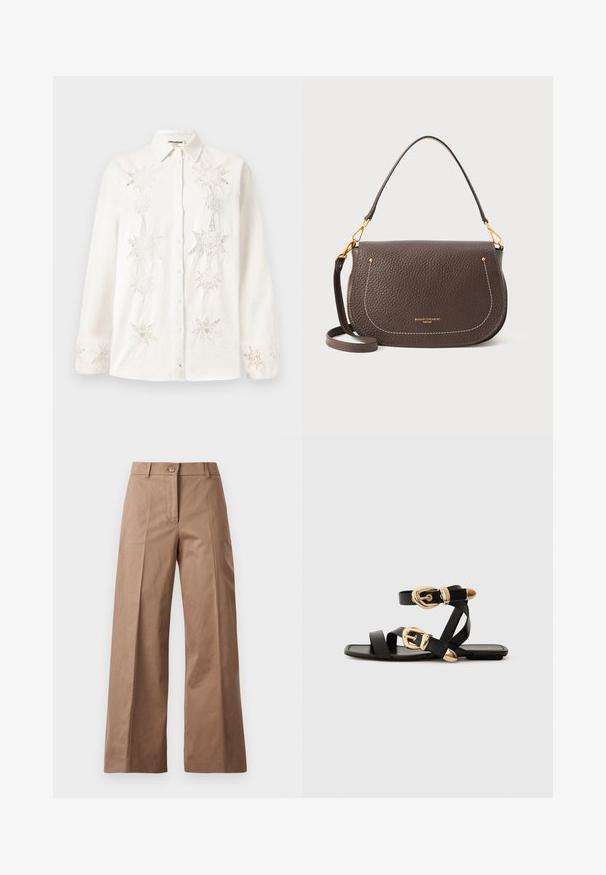 Witte button-up shirt van linnen, met ingewikkelde stervormige borduursels op de voorkant en manchetten, met een klassiek kraagontwerp.; Bruine wijde broek gemaakt van een gladde stof, met een voorknoopsluiting, twee zijzakken en strakke, op maat gemaakte lijnen.; Zwarte leren sandaal met gouden gespaccenten, voorzien van meerdere banden en een vlakke zool voor open-teenschoen gebruik.; Bruine leren handtas met een gestructureerde afwerking, gebogen vorm, witte stiksels en gouden hardware. Inclusief verstelbare schouderriem.