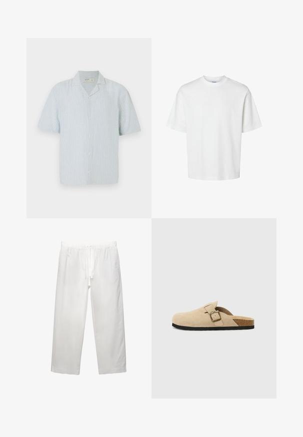 Košeľa s krátkym rukávom, s modro-bielymi pruhmi. Má klasický golier a voľný strih z ľahkej látky.; Biele bavlnené tričko s krátkymi rukávmi, okrúhlym výstrihom a voľným strihom. Hladká textura bez viditeľných vzorov alebo akcentov.; Biele ľanové nohavice s elastickým pásom a šnúrkou, širokým strihom a čistými švami. Hladká textúra s ležérnym strihom.; Bežové semišové clogs na klinoch so korkovou stielkou, zaoblenou špičkou a jednoduchým remienkom so zlatým sponou. Gumová podrážka pre lepšiu priľnavosť.