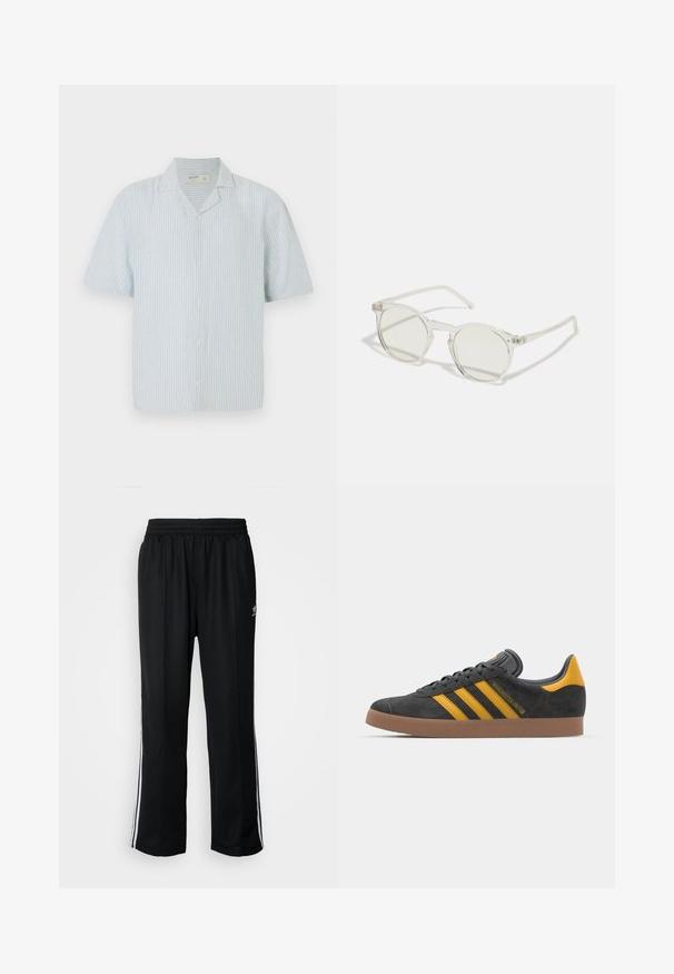 Cămașă cu mâneci scurte, cu nasturi, în dungi albastre și albe. Are un guler clasic și o croială lejeră, confecționată dintr-un material ușor.; Pantaloni atletici negri cu talie elastică, având dungi albe pe laterale și un mic logo. Materialul pare moale și ușor.; Tenisi negri din suede cu accente galbene, având trei dungi și o talpă din cauciuc maroniu. Include un limba căptușită pentru confort.; Ochelari de soare rotunzi cu un cadru transparent, cu lentile verde deschis și temple subțiri, clare. Prezintă accente subtile din metal pe cadru.