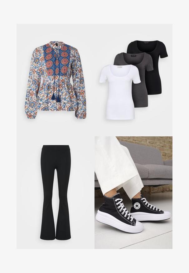 Blúzka s dlhým rukávom vyrobená zo ľahkej tkaniny, so kvetinovou potlačou v modrej, červenej a oranžovej farbe. Obsahuje vzorovanú vsadku a strapce.; Tričko v bielej, šedej a čiernej farbe s priliehavým strihom. Každé má široký výstrih a krátke rukávy. Vyrobené z hladkej, elastickej tkaniny.; Čierne rozšírené nohavice vyrobené z elastického materiálu, s vysokým pásom a hladkou textúrou. Nohavice sa rozširujú od kolena.; Čierne vysoké tenisky s bielymi gumovými podrážkami a šnúrkami. Obsahujú okrúhlu nášivku s logom a kontrastné biele prešívanie. Materiál je plátený.