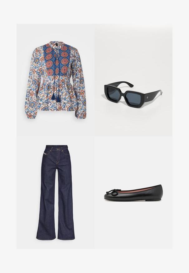 Blusa de manga larga en tejido ligero, con un estampado floral en azul, rojo y naranja. Incluye un embozo estampado y borlas.; Vaqueros de pierna ancha de color azul oscuro, fabricados en denim, con cintura alta, costuras naranjas, diseño de cinco bolsillos y cierre de botón.; Bailarinas de cuero negro con punta redonda, presentan un lazo decorativo y una textura lisa. Diseño minimalista con una suela baja y plana.; Gafas de sol negras de gran tamaño con un diseño geométrico, lentes rectangulares y un acabado brillante. Sin marca visible en la parte frontal.; Pendientes de aro de plata con un acabado liso y pulido. Forma redonda y cierre de click seguro. Diseño ligero adecuado para el uso diario.