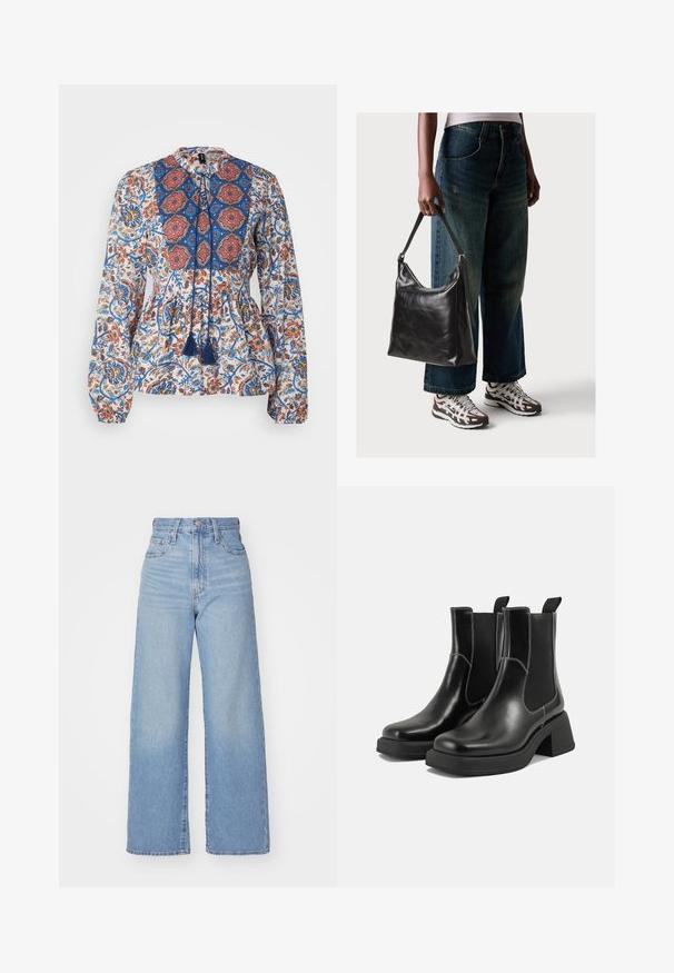Langarmblouse van lichtgewicht stof, met een bloemenprint in blauw, rood en oranje. Inclusief een geborduurd schouderstuk en franjes.; Lichtblauwe high-waist wijde jeans met een knoop- en ritssluiting aan de voorkant, voor- en achterzakken, op een witte achtergrond.; Zwarte leren Chelsea-boots met een chunky hak, elastische zijpanelen en contrasterende witte stiksels. Gestructureerde afwerking.; Zwarte leren schoudertas met een gladde textuur en een verstelbare strap, gecombineerd met vervaagde wijde jeans en sportieve sneakers.