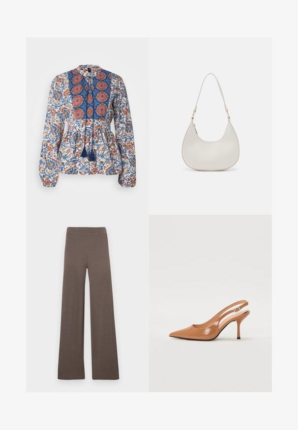 Ilgi piedurknē blūze vieglā audumā, ar ziedu rakstu ziliem, sarkaniem un oranžiem toņiem. Iekļauj rakstainu yoku un pušķus.; Platas platļeglu bikses tumši brūnā krāsā ar ribotu tekstūru, elastīgu jostasvietu un mīkstu, reljefainu audumu.; Izteikts pirksta siksnas zābaks, izgatavots no gludas, spīdīgas brūnas materiāla. Piedāvā izliekta izgriezuma dizainu un smalku stiletto papēdi. Sudraba sprādze.; Krems krāsas ādas plecu soma ar pusmēness formas siluetu, plānu siksniņu un smalku šuvju detaļām. Minimālistisks dizains ar zelta toni aparatūras akcentiem.