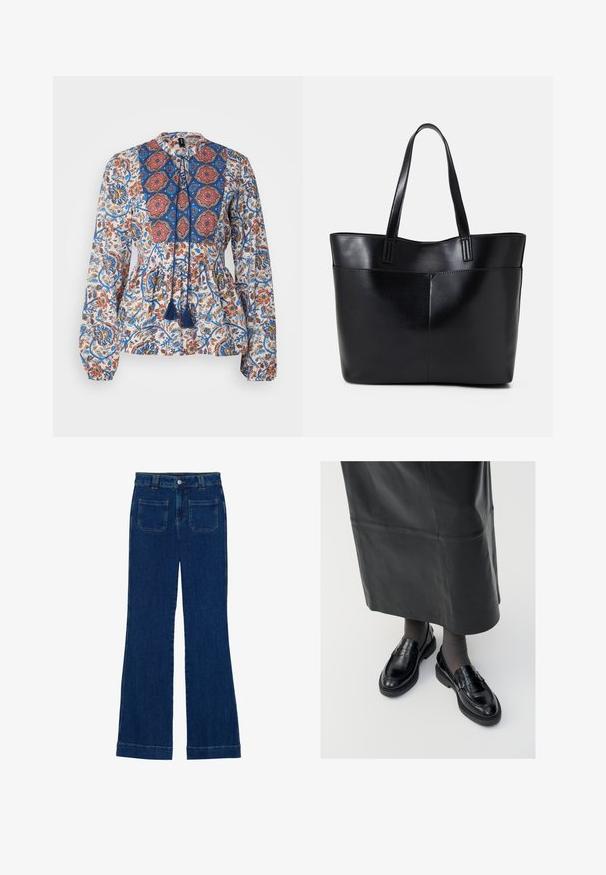 Bluză cu mâneci lungi dintr-un material ușor, cu un imprimeu floral în nuanțe de albastru, roșu și portocaliu. Include un guler cu motive și ciucuri.; Jeans din denim cu fason evazat, de culoare albastru închis, cu o textură netedă, design cu cinci buzunare și închidere cu nasture la talie.; Loaferi negri din piele cu o finisare netedă, dotati cu o curea decorativă, vârf rotund și talpă texturată. Purtați cu o fustă lungă din piele neagră.; Geantă oversized din piele neagră, cu două mânere lungi, de textură netedă și formă structurată. Are un buzunar frontal pentru stocare suplimentară.