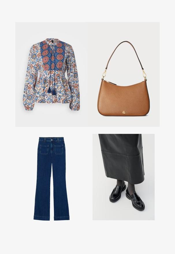 Langarmblouse van lichtgewicht stof, met een bloemenprint in blauw, rood en oranje. Inclusief een geborduurd schouderstuk en franjes.; Donkerblauwe denim flared jeans met een gladde textuur, vijf zakken en een knoopsluiting aan de taille.; Zwarte leren loafers met een gladde afwerking, voorzien van een decoratieve band, ronde neus en gestructureerde zool. Draagt met een lange zwarte leren rok.; Bruine, gestructureerde leren handtas met een gebogen vorm, goudkleurige hardware en een enkele schouderriem. Voorzien van een ritssluiting en een logo-detail.