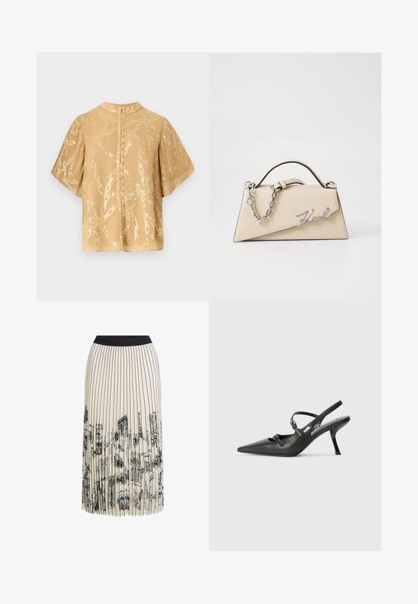 Lühikeste varrukatega heledast pruunist bluusist, millel on läikiv kettmuster ja nööpidega seljaosa sulgemine. Valmistatud sileda ja kerge kangaga.; Kreemine volditud seelik musta taljega, millel on põhjalik arhitektuuri joonistuse print mustas värvis, tõstes esile erinevaid hoonekujundusi.; Must musta slingback kontsad, terava nina, peenike konts ja dekoratiivne pandla detail peal. Sile tekstuur ja stiilne disain.; Bež nahkplekuga kott, millel on struktureeritud kolmnurkne kuju, hõbedase ahela käepide ja kursiivne metallist logo.