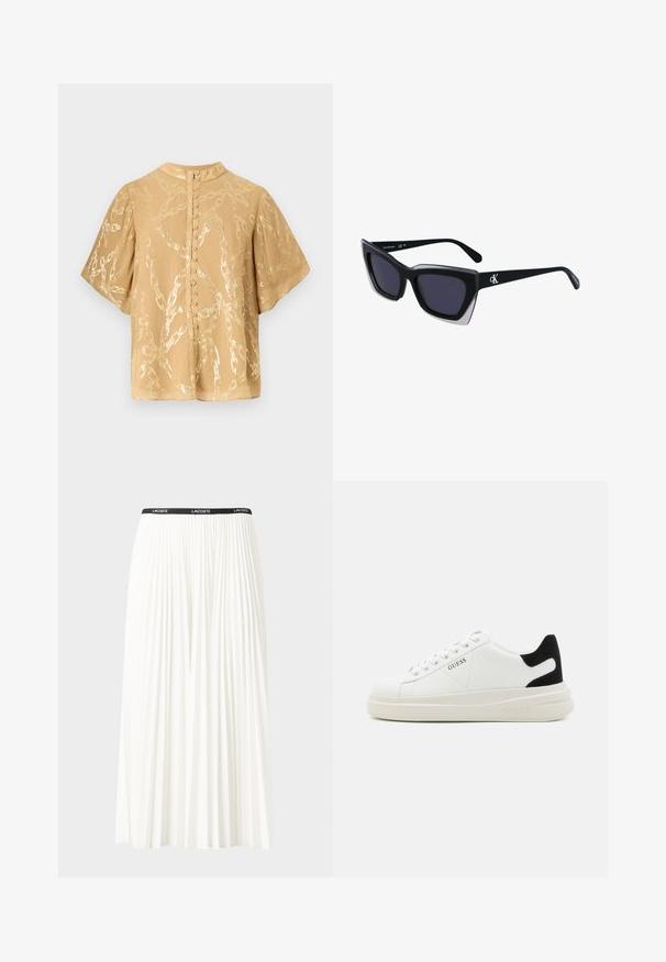 Blúzka s krátkymi rukávmi vo svetlohnedej farbe, zdobená lesklým vzorom reťaze a s gombíkovým zapínaním na zadnej strane. Vyrobená z hladkej, ľahkej tkaniny.; Plisovaná biela sukňa s čiernym elastickým pásom s logom "LACOSTE". Sukňa je stredne dlhá a má mäkkú textúru.; Biele kožené tenisky s hrubou bielou podrážkou, čiernym zamekom na päte a vyrazeným logom na boku. Šnurovací dizajn so šiestimi očkami.; Čierne oversized slnečné okuliare s geometrickým tvarom, s tmavými šošovkami a kontrastným šedým detailom na ráme. Logo na mostíku.