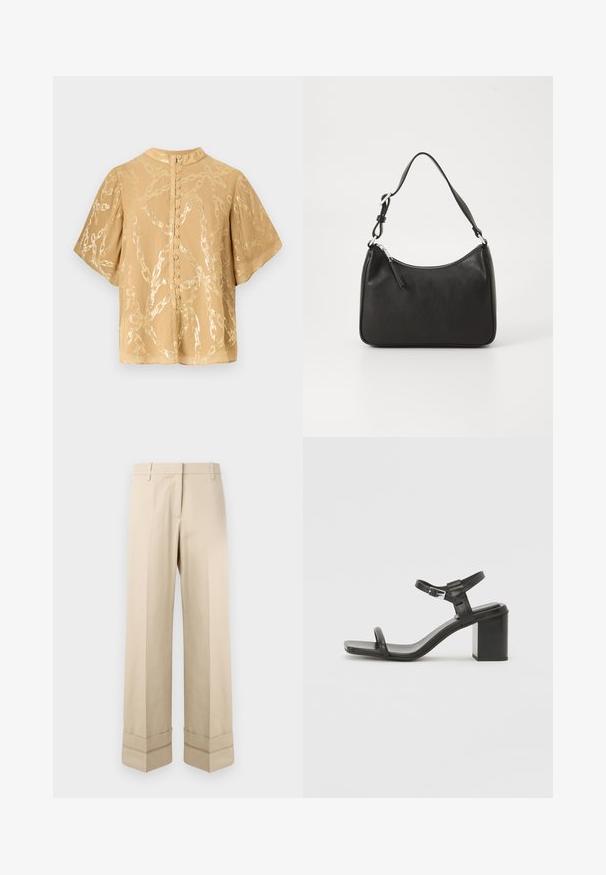 Trumpas rankovės, šviesiai rudas bliuzonas su blizgiu grandinės raštu ir mygtukine nugaros uždanga. Pagamintas iš lygios, lengvos medžiagos.; Kreminės kelnės su tiesiu kirpimu, turinčios dvigubą kraštą ant apačios ir plokščią priekinę dalį. Pagamintos iš lygaus, patvaraus audinio.; Juodas odinis blokinis kulnas sandalas su plačia juostele per pirštus ir reguliuojama kulkšnies juostele, pasižymintis elegantišku, minimalistiniu dizainu.; Juoda odinė rankinė su išlenkta forma, viena dirželiu, užtrauktuko uždarymu ir subtiliu ženklinimu priekyje. Lygus paviršius, minimalistinis dizainas.