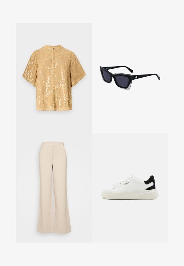Kurzärmlige, hellbraune Bluse mit einem glänzenden Kettenmuster und einer geknöpften Rückenbefestigung. Hergestellt aus einem glatten, leichten Stoff.; Beige weite Hosen mit glatter Textur, ausgestattet mit einem hohen Taillenbund und zwei vorderen Taschen. Schlichtes Design mit taillierter Passform.; Weiße Leder-Sneaker mit einer dicken weißen Sohle, schwarzem Wildlederakzent an der Ferse und geprägtem Logo an der Seite. Schnürdesign mit sechs Ösen.; Schwarze übergroße Sonnenbrille mit geometrischer Form, ausgestattet mit dunklen Gläsern und einem kontrastierenden grauen Detail im Rahmen. Logo am Bügel.