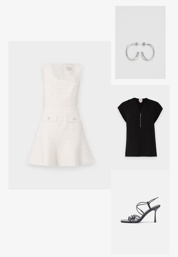 Melnas topiņš ar V veida kakla izgriezumu un rāvējslēdzēju, īsām kaplīšu piedurknēm, izgatavots no gludas auduma, ar minimālistisku dizainu, bez rakstiem.; Balts tweed kleita ar izsistām svārkiem, apaļu izgriezumu un divām priekšējām kabatām, kuras izceļ apaļie pogas. Tekstūrēts, strukturēts dizains.; Melnas augstpapēžu sandales ar plāniem siksniņām un mezgla dizainu, gluda kvadrātveida purngalu un elegantu stiletto papēdi.; Gaiši pelēka metāla rokassoma ar ķēdes siksnu, rotāta ar mazām apaļām metāla kniedēm un trīsstūra zīmola logo.; Sudraba riņķveida auskari ar gludu, spīdīgu apdari. Apaļas formas, viegla dizaina, ar aizdari uz stieples.