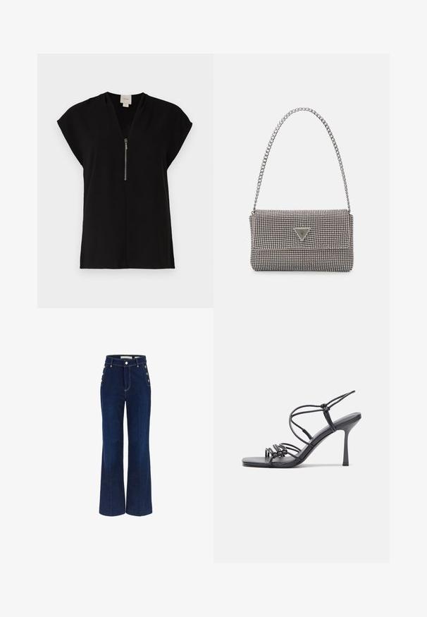 Juodas viršus su V formos iškirpte ir užtrauktuku, trumpomis rankovėmis, pagamintas iš lygaus audinio, pasižymintis minimalistiniu dizainu be raštų.; Tamsiai mėlynos plačios kojos džinsai su aukštu liemeniu, išsiskiriantys mygtukų akcentais šonuose ir lygiu džinsiniu audiniu.; Juodos aukštakulnės sandalai pasižymi plonyčiais dirželiais su mazgo dizainu, lygiu kvadratiniu pirštu ir elegantišku stiletto kulnu.; Šviesiai pilka metalinė rankinė su grandinėlės dirželiu, papuošta mažais apvaliais metaliniais smeigėmis ir trikampiu prekės ženklu.; Sidabrinės auskarai žiedai su lygiu, blizgiu paviršiumi. Suapvalinta forma, lengvas dizainas, su uždarymu ant smeigtuko.