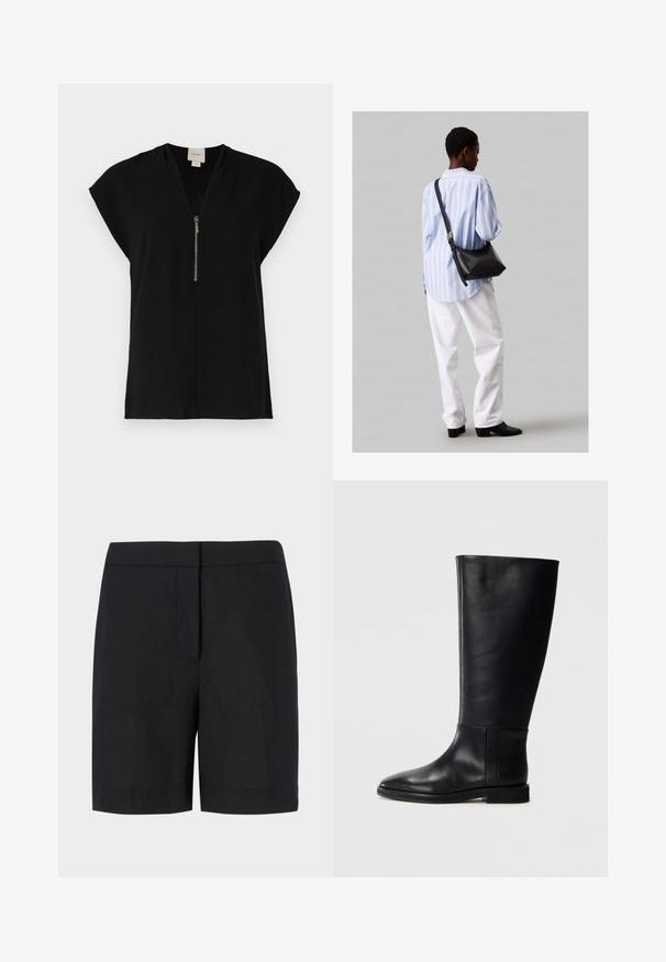 Čierny top s výstrihom do V a zipsovým uzáverom, krátke rukávy v štýle cap, vyrobený z hladkej látky, s minimalistickým dizajnom bez vzorov.; Čierne šortky z ľahkej tkaniny s klasickým rovnym strihom, minimalistickým dizajnom a bez viditeľných prvkov alebo vzorov.; Čierna kožená čižma po kolená s okrúhlym prstom, hladkou textúrou, minimalistickým dizajnom a plochou podrážkou. Jednoduché švy na nohavici.; Čierna kožená ramenná taška so mäkkou textúrou, trojuholníkovým tvarom a nastaviteľným popruhom, skombinovaná s svetlomodrou pruhovanou košeľou a bielymi nohavicami.