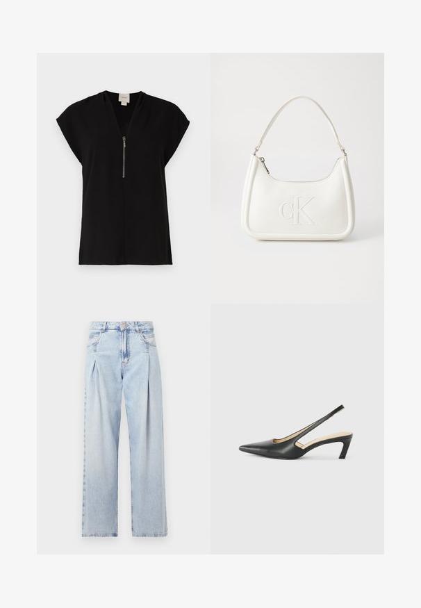 Schwarzes Oberteil mit V-Ausschnitt und Reißverschluss, kurzen Kappenärmeln, aus glattem Stoff, mit einem minimalistischen Design ohne Muster.; Helle blaue Denim-Jeans mit hoher Taille, weitem Beinschnitt, zwei seitlichen Taschen und gefaltetem Design. Weiche Textur mit einem ausgebleichten Finish.; Schwarzer spitz zulaufender Slingback-Schuh mit niedrigem Absatz, der aus glattem Leder gefertigt ist und seitliche Ausschnitte für Atmungsaktivität aufweist.; Weiße Lederhandtasche mit abgerundeter Form, ausgestattet mit einem geprägten "CK"-Logo auf der Vorderseite und einem Einzel-Schultergurt. Reißverschluss oben.