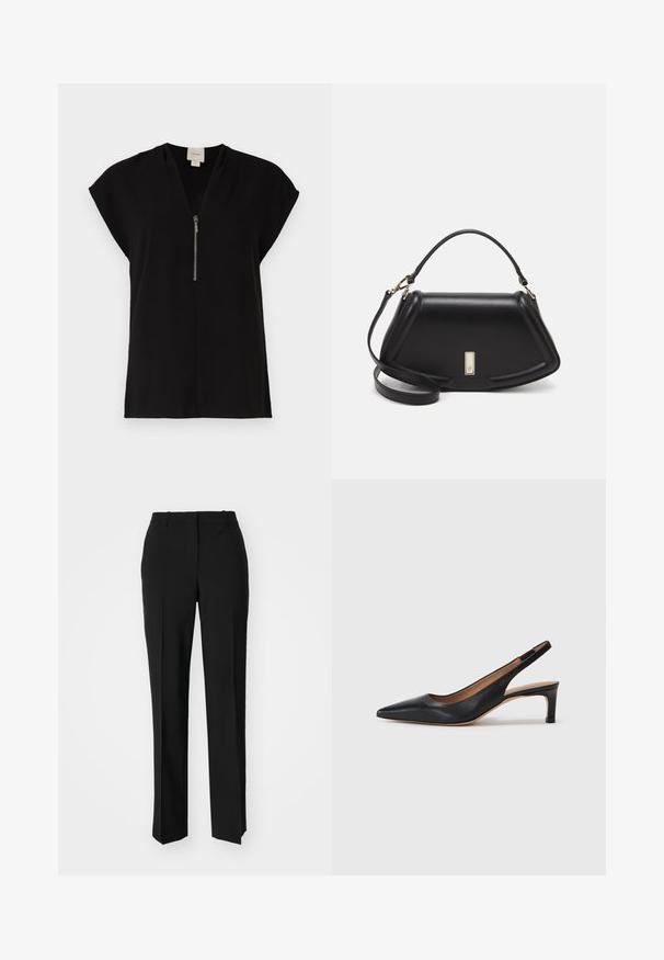 Fekete felső V-nyakkal és cipzáros záródással, rövid kis ujjakkal, sima anyagból készült, minimalista formatervezéssel, minták nélkül.; Fekete, testhezálló nadrág egyenes szárú kivitelben, sima textúrával és éles redőkkel az elején. Nincs látható fémalkatrész.; Fekete bőr slingback pumpa hegyes orral, alacsony sarokkal és sima textúrával. Vékony, állítható pánttal rendelkezik a biztos illeszkedés érdekében.; Fekete bőr kézitáska, strukturált dizájnnal, rövidített formával, felső fogantyúval és arany színű kiegészítőkkel. Állítható vállpánt is tartozik hozzá.