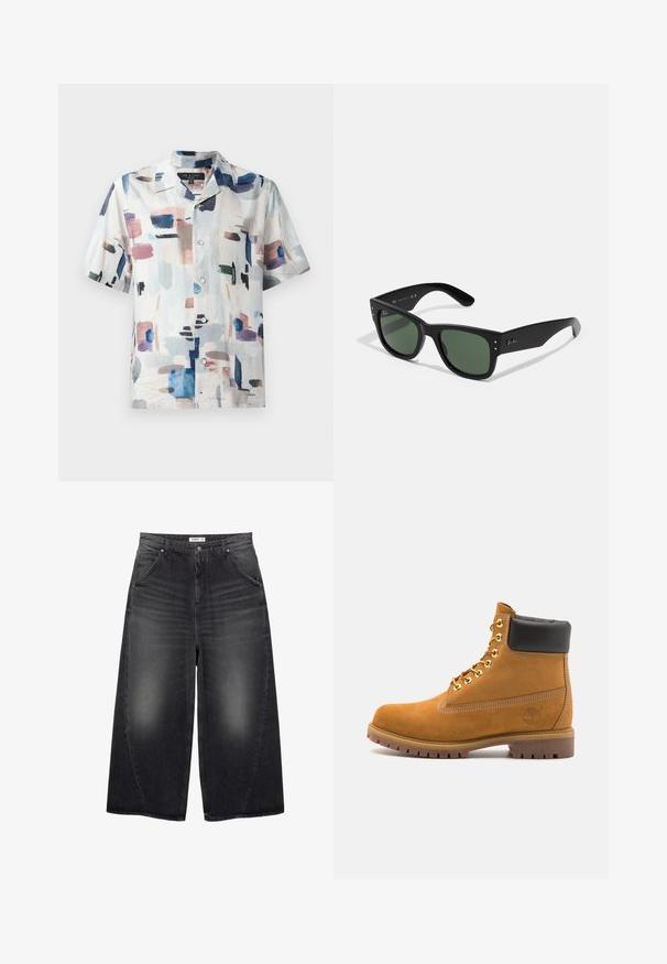 Korte mouwen overhemd met knopen in lichte stof, met een abstract patroon in pastelkleuren en diepblauw op een witte achtergrond.; Witte katoenen mouwloze tanktop met een ronde halslijn, met een gladde textuur en een aansluitende pasvorm, ontworpen voor casual gebruik.; PULL&BEAR MEGA BAGGY - Baggy jeans - black; Tan suède enkelboot met zwart gevoerd kraagje, gouden metalen oogjes, witte stikdetails en een robuuste rubberen zool met uitgesproken profiel.; Zwarte rechthoekige zonnebril met groene lenzen, matte afwerking, subtiele hardwareaccenten en een gegraveerd logo op de slaap.