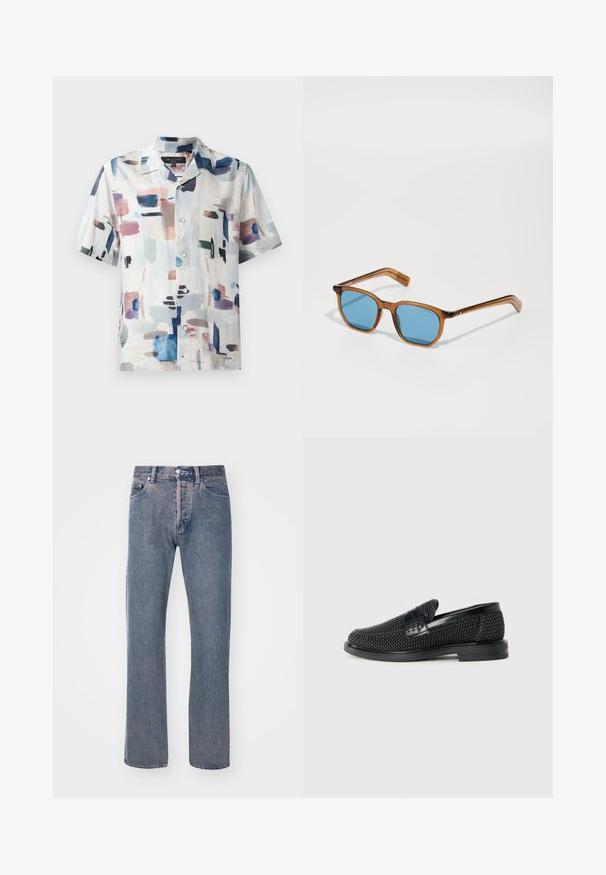 Kortermet skjorte med knapper i lett materiale, med et abstrakt mønster i pasteller og dyp blått på hvit bakgrunn.; Lys blå rett bukser laget av denim, med fem-roms design, glidelås foran og kontraststingedetaljer.; Sorte vevde slip-on sko med en glatt lærdetalj på overdelen, design med rund tå og en lavprofil gummisåle.; Brune plastikkinnes solbriller med blå linser, firkantet form, tynne armer, teksturerte detaljer på templene og en polert overflate.