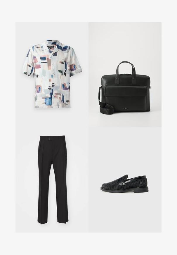 Korte mouwen overhemd met knopen in lichte stof, met een abstract patroon in pastelkleuren en diepblauw op een witte achtergrond.; Zwarte op maat gemaakte broek met een recht model, twee voorzakken en een dubbele knoopsluiting bij de taille. Glad textuur van de stof.; Zwartegeweven instap schoenen met een glad leren accent aan de bovenkant, een ronde neusontwerp en een laag profiel rubberen zool.; Zwarte leren aktetas met dubbele handgrepen aan de bovenkant, een voorvak en een afneembare schouderriem, met subtiele branding aan de onderkant.
