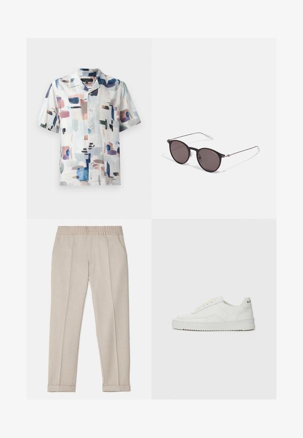 Camicia a maniche corte con bottoni in tessuto leggero, caratterizzata da un modello astratto in toni pastello e blu intenso su sfondo bianco.; Filippa K TERRY CROPPED TROUSERS - Pantaloni - sage melange; Sneaker in pelle bianca con una finitura liscia, punta rotonda, lacci piatti e suola testurizzata. Presenta un logo discreto sul tallone.; Occhiali da sole neri rotondi con lenti scure e sottili bracci in metallo. Include punte trasparenti e accenti argentati alla cerniera. Design minimalista.