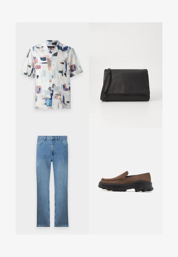 Short-sleeved button-up shirt in lightweight fabric, featuring an abstract pattern in pastels and deep blue on a white background.; Light blue denim jeans with a straight cut, five pockets, a zipper fly, and contrasting stitching. Fabric has a smooth, textured finish.; Brown suede slip-on shoe with a thick black rubber sole featuring bold traction patterns and a smooth, rounded toe design.; Black leather clutch bag with a textured exterior, a fold-over flap, and a slim shoulder strap, featuring minimalist design and no visible hardware.