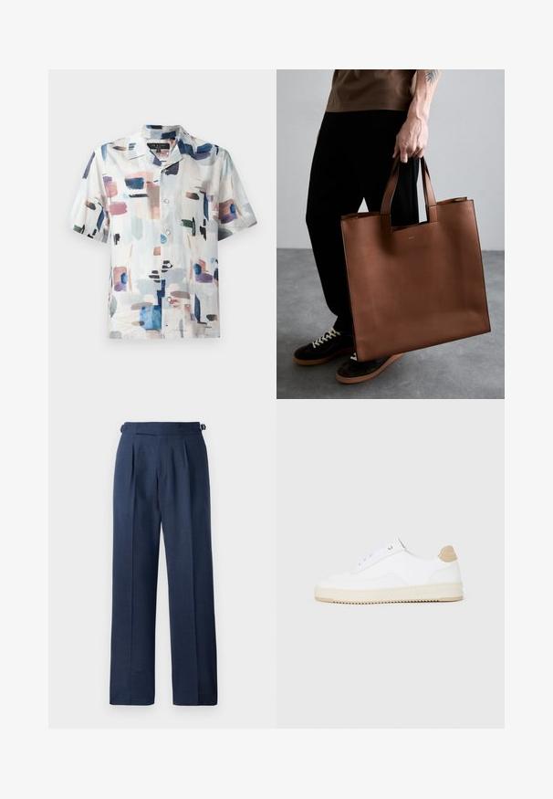 Īsām piedurknēm krekls ar pogu, izgatavots no viegla auduma, ar abstraktu rakstu pasteļtoņu un dziļi zilas krāsas uz baltas fona.; Navy zila piegriezuma bikses, izgatavotas no teksturēta auduma, ar augstu jostas vietu, krokām un regulējamām sānu siksnām piestiprināšanai.; Baltās zemas kedas ar faktūru ādas virsu, krēmkrāsas rievojamu zoli un brūnu pacēlumu uz papēža. Iekļauj baltas auklas un logo detaļu uz papēža.; Brūna ādas somiņa ar minimālistisku dizainu, taisnstūra formu un īsām rokturiem. Priekšpusē ir smalks logo.