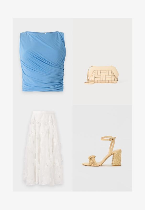 Top senza maniche blu realizzato in tessuto morbido, con arricciature drappeggiate su un lato, scollatura rotonda e texture liscia.; Gonna bianca alla lunghezza del ginocchio con ricami floreali e paillettes argentate. Tessuto leggero e morbido con strati arricciati e vita aderente.; Sandalo beige con tacco alto e texture intrecciata, dotato di un fiore decorativo e di una cinghia alla caviglia. Il tacco quadrato offre stabilità.; Borsa beige intrecciata con un design strutturato, dotata di una parte superiore liscia e di una lunga tracolla. I dettagli testurizzati arricchiscono l'aspetto complessivo.